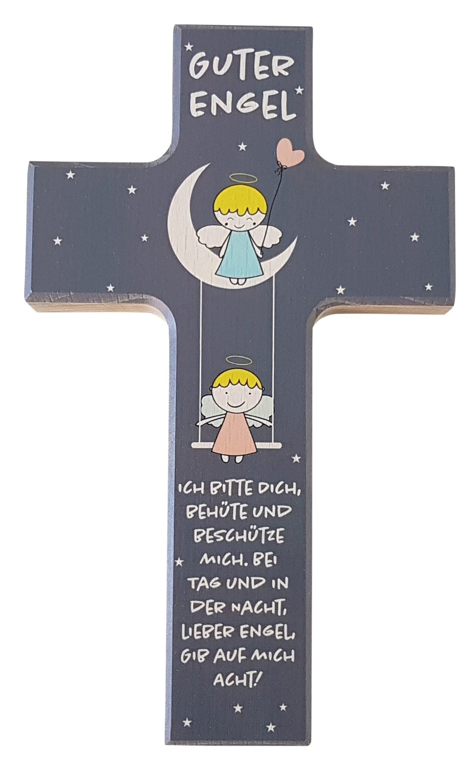 Kinderkreuz Holz bunt 15 cm Engel auf Mond + Schaukel 15 x 9 cm - Das Raeucherwerk