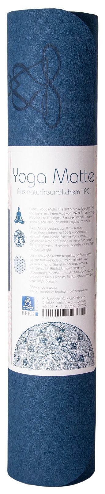 Yogamatte TPE ecofriendly - dunkelblau/hellblau 6mm zweischichtig mit Blume des Lebens - Das Raeucherwerk